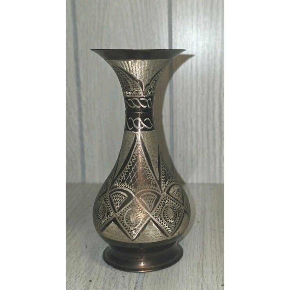 Vintage Copper Vase Hand Etched Engraved 6" Tall Artistic Design Flower Art Vase